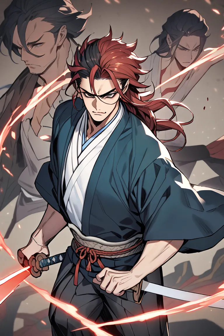 human male fantasy japanese swordsman with very long black and red hair, bearing a long katana with a blue edge, wearing a nagagi kimono and black pants, similar to michikatsu tsugikuni  from demon slayer anime