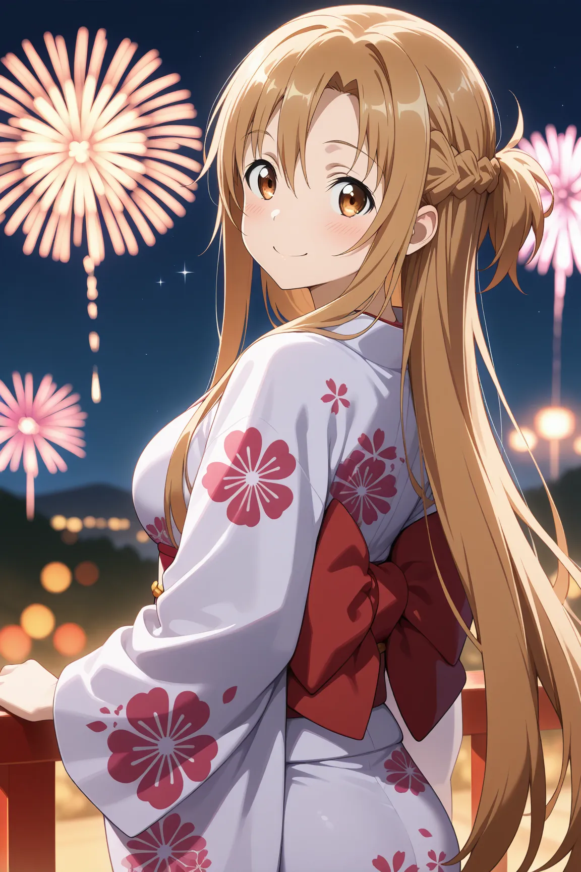 masterpiece,best quality,{{detailed beautiful face and eyes}}, very detailed background,
Yuuki Asuna,long hair,brown hair,bangs,hair between eyes,sidelocks,braided side,brown eyes,medium breasts,
1girl,((kimono)),
aerial fireworks, blurry background, blush...