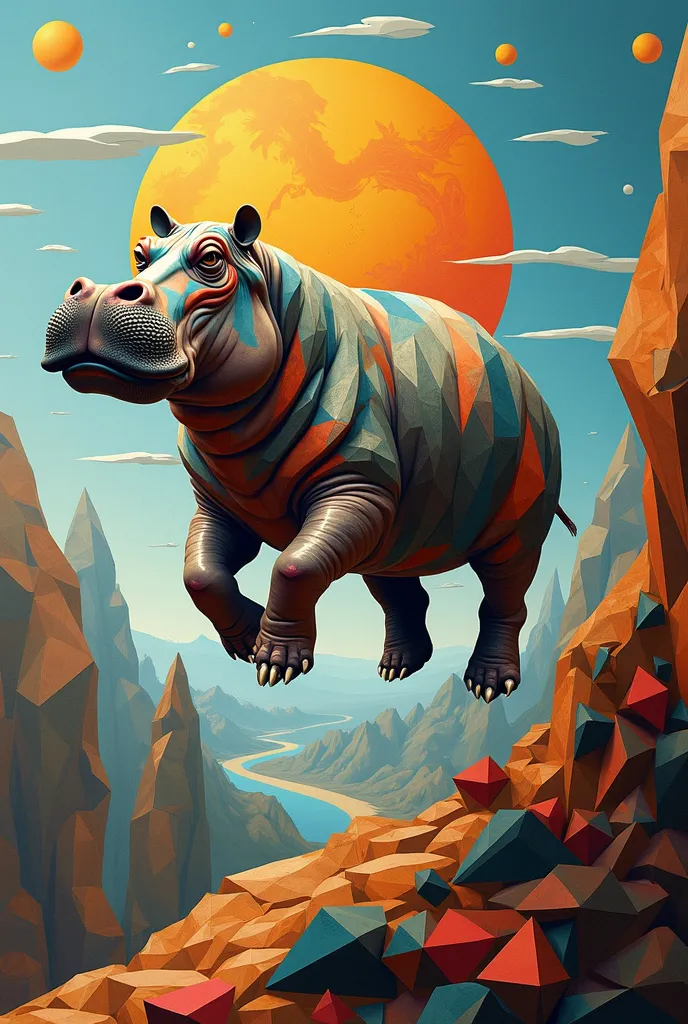 runs away from the mountain High quality,  8K Ultra HD, an image of a flying hippopotamus, made in the style of Pablo Picasso. The composition combines elements of cubism and surrealism: , the hippopotamus figure is represented with geometrically distorted...