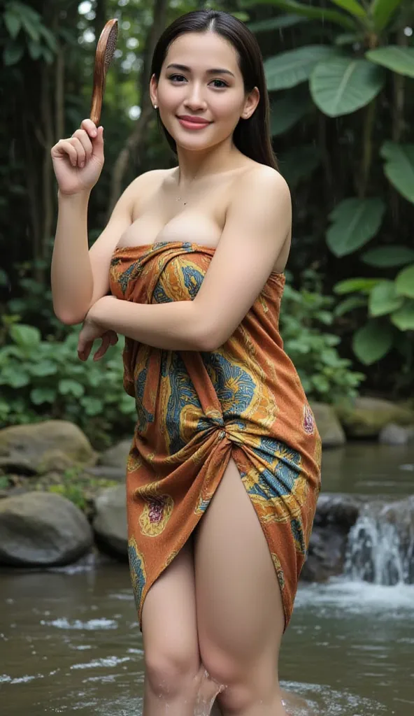 Realistic photo Of A chubby and fat indonesian woman,  visible to the feet , curvaceous body, using wet batik sarong Orange yellow blue , face facing the camera.  Elegant elegant style elegant aesthetic . sexy butt, big ass and hips, Good Detail . stand si...