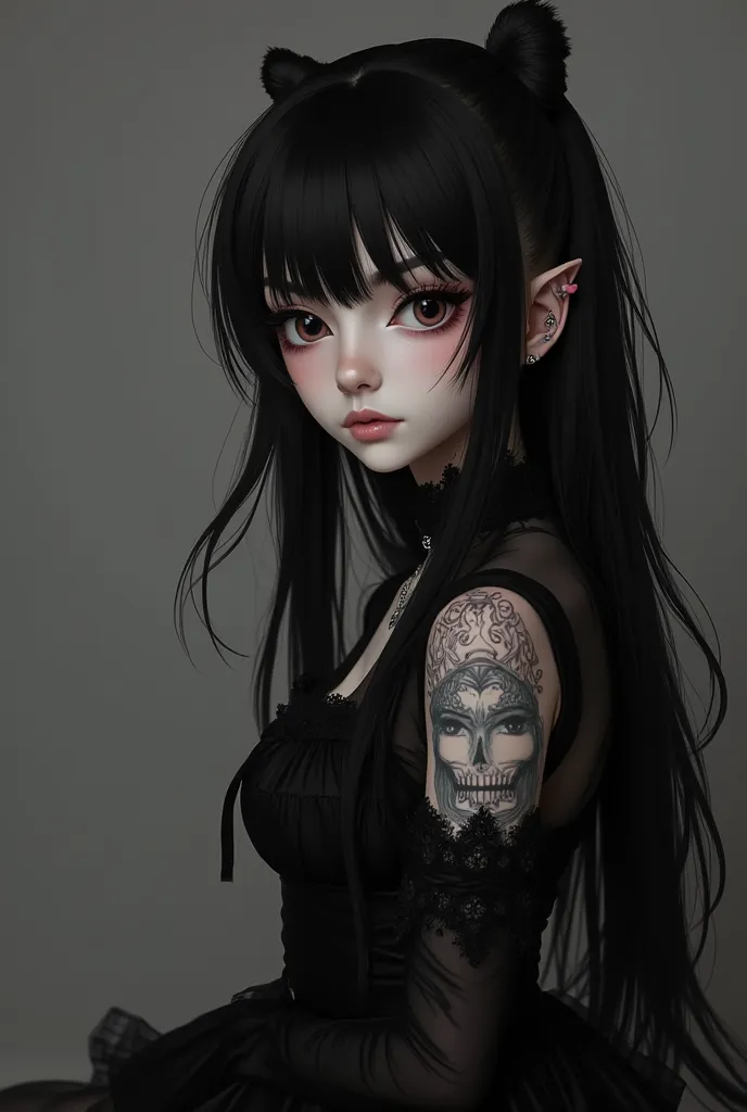  un gros plan sur une femme aux longs cheveux noirs et piercings, cruelle gothique Koreanne,  aesthetic of the gothic girl , ulzzang, 1 fille gothique de 7 ans ,  pale gothic beauty , Taiwanese with tattoos, Fille gothique anime de 7 ans, avec de longs che...