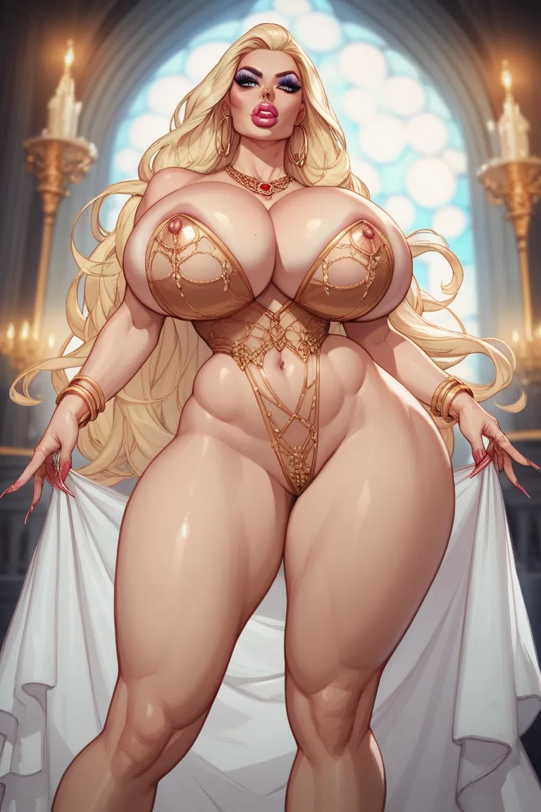 Anime illustration, animation style, an evil empress, queen, middle-aged white woman, high cheekbones, extremely long blonde hair, thick plump lips, tall, curvaceous, wide hips, massive breasts, huge ass, massive hoop earrings, wearing lots of extravagant ...