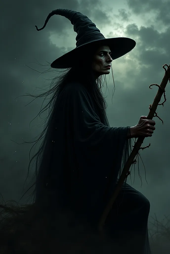 Evil looking witch, witches hat, riding broom