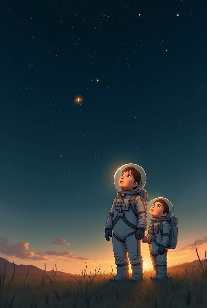  ren Older sister and younger brother dressed as astronauts look at the stars 