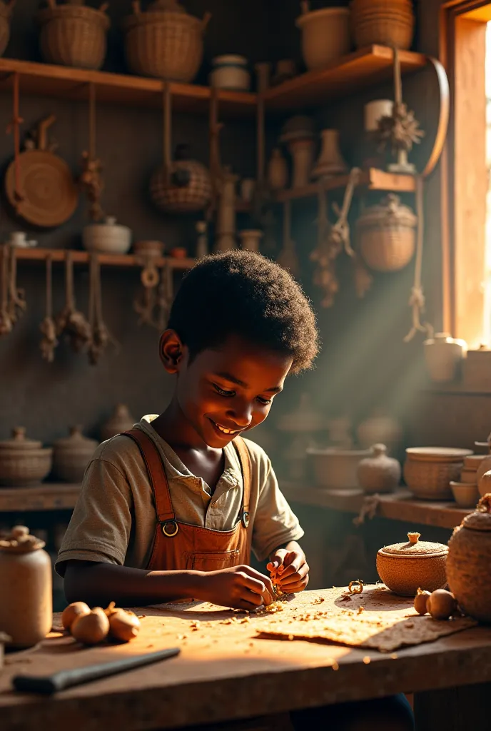 An African boy working inside a small artisan shop