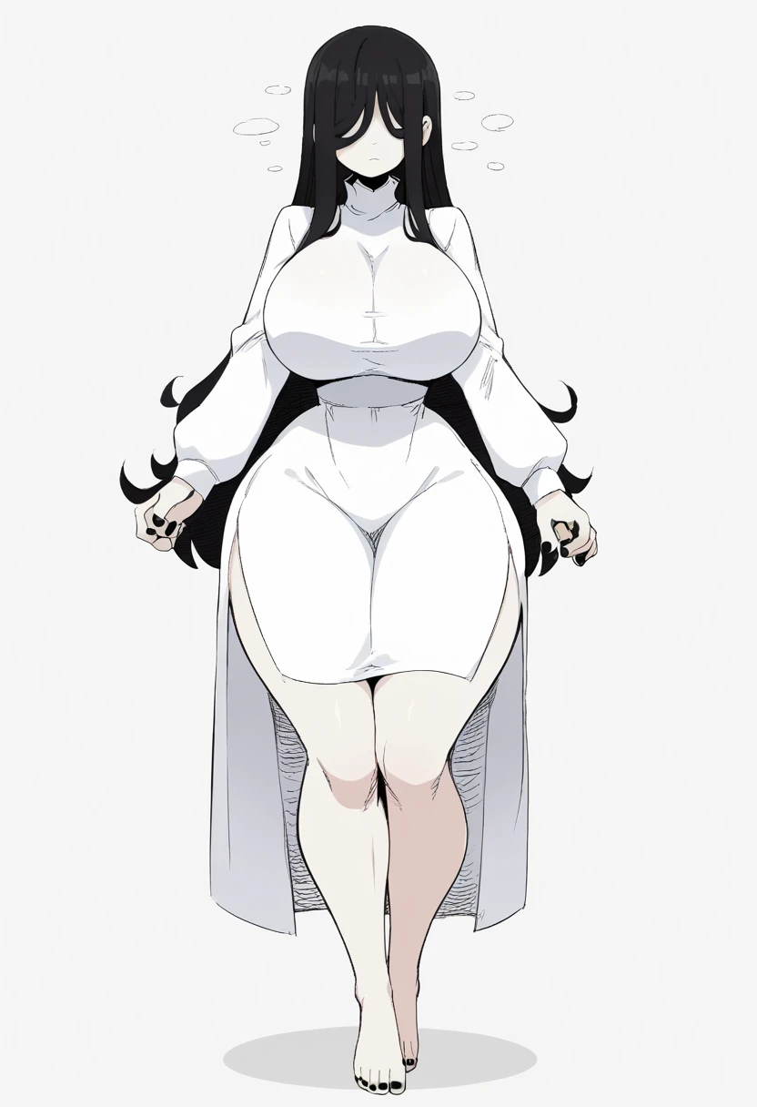 Woman with long black hair, straight hair, pale skin, wearing a long white dress, long sleeved dress, huge breasts, busty, wide hips, very thick thighs, large thighs, thick thighs pressed together, small feet, feet, slender toes, 5 toes on each foot, black...