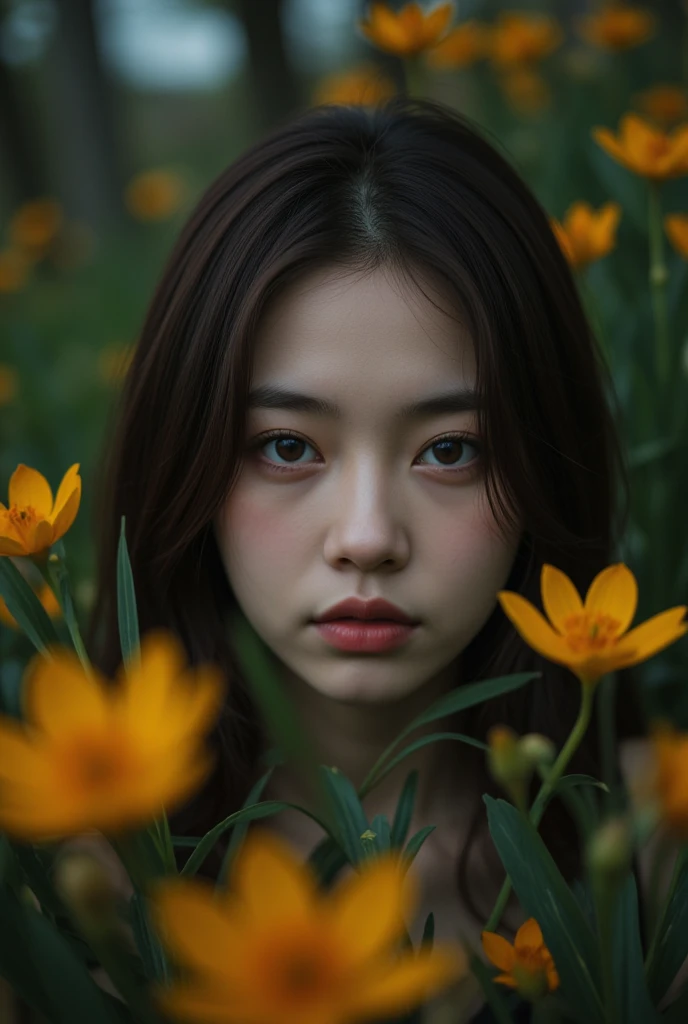 A very realistic photo in 8k format, HDR, taken with a 35mm lens, which depicts a complex image of spring, embodied in a young woman who looks into the camera, full-face, portrait. The atmosphere is dark and eerie, with a triadic color scheme of garnet, ol...