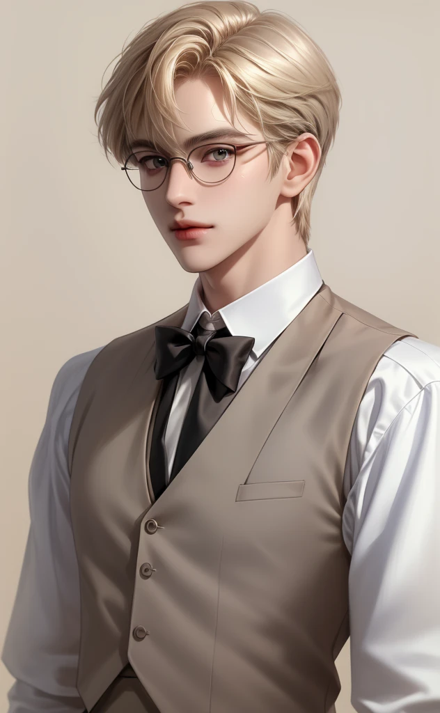 ( masterpiece,best quality,ultra_ detailed,high resolution,어처구니없는),1 male,Male focus, alone, Sand blond hair , chain, shirt, black tie, tie, simple background,  grey eyes , upper body,  vest,  short hair, and watch the audience, Smiley Face, SMALLESS LIPS,...