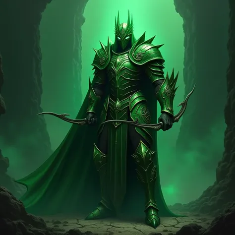 evil knight of envy, in acid green armor with bow