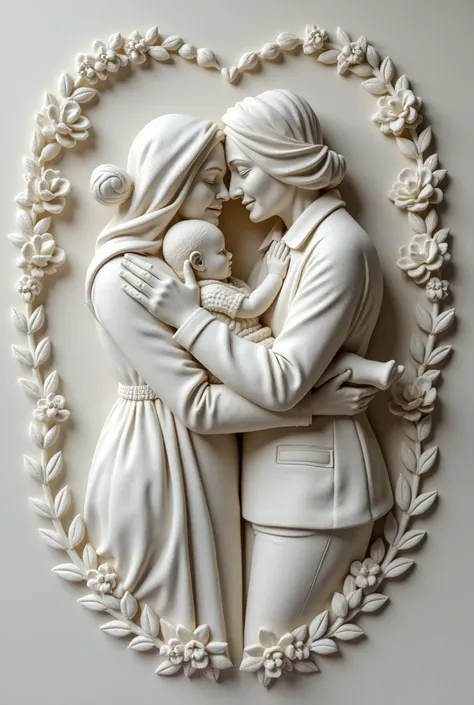 A relief Wall sculpting that represents mother hugging her baby and a sculpting representing when the baby become a man and hugging his mother when she gets older in deferent scenes and the two scenes in a heart