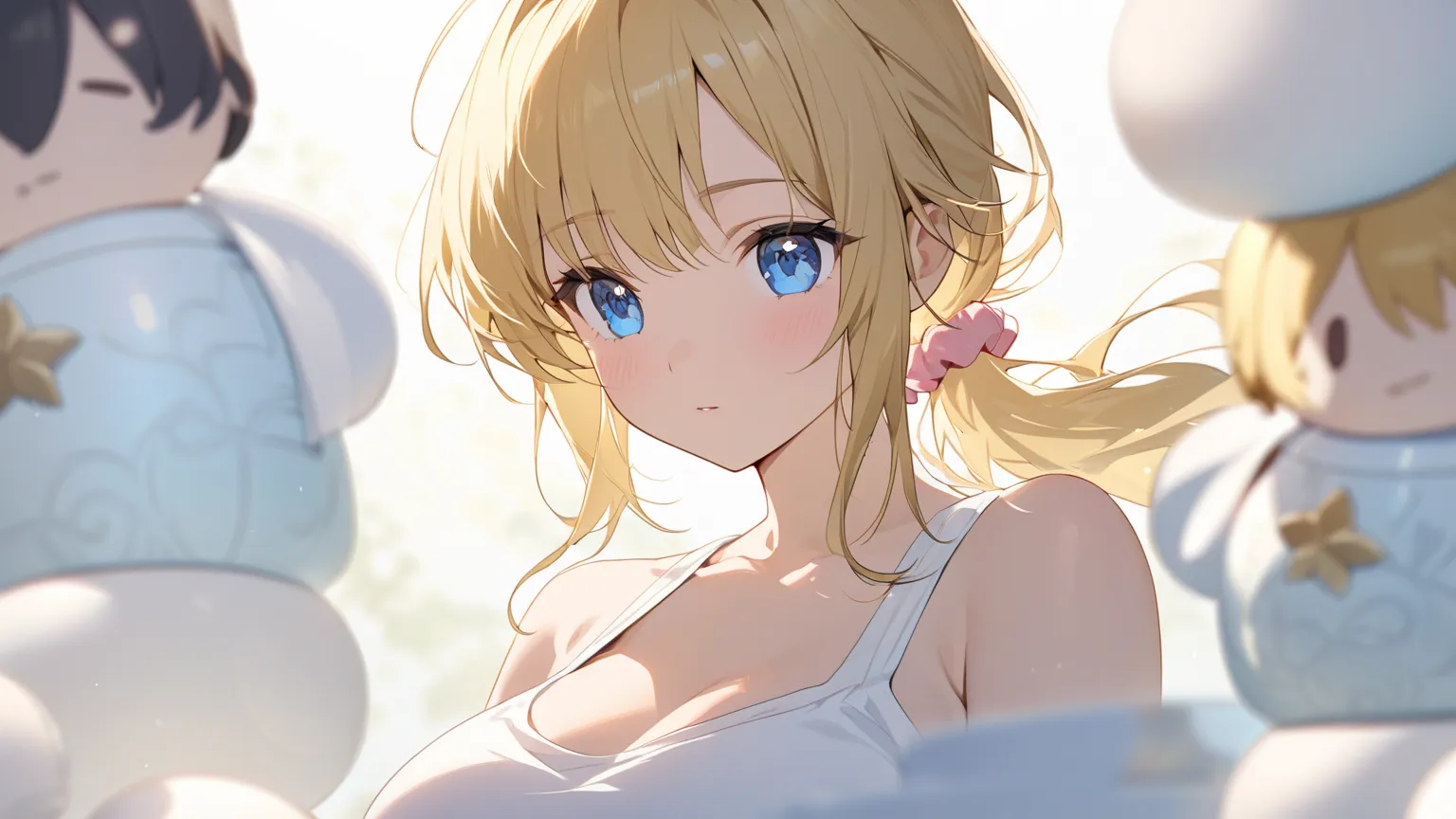 one girl，golden hair，chest is big，Short Ponytail， pink scrunchie，white tank top， background pure white, blue eyes、Kokeshi doll