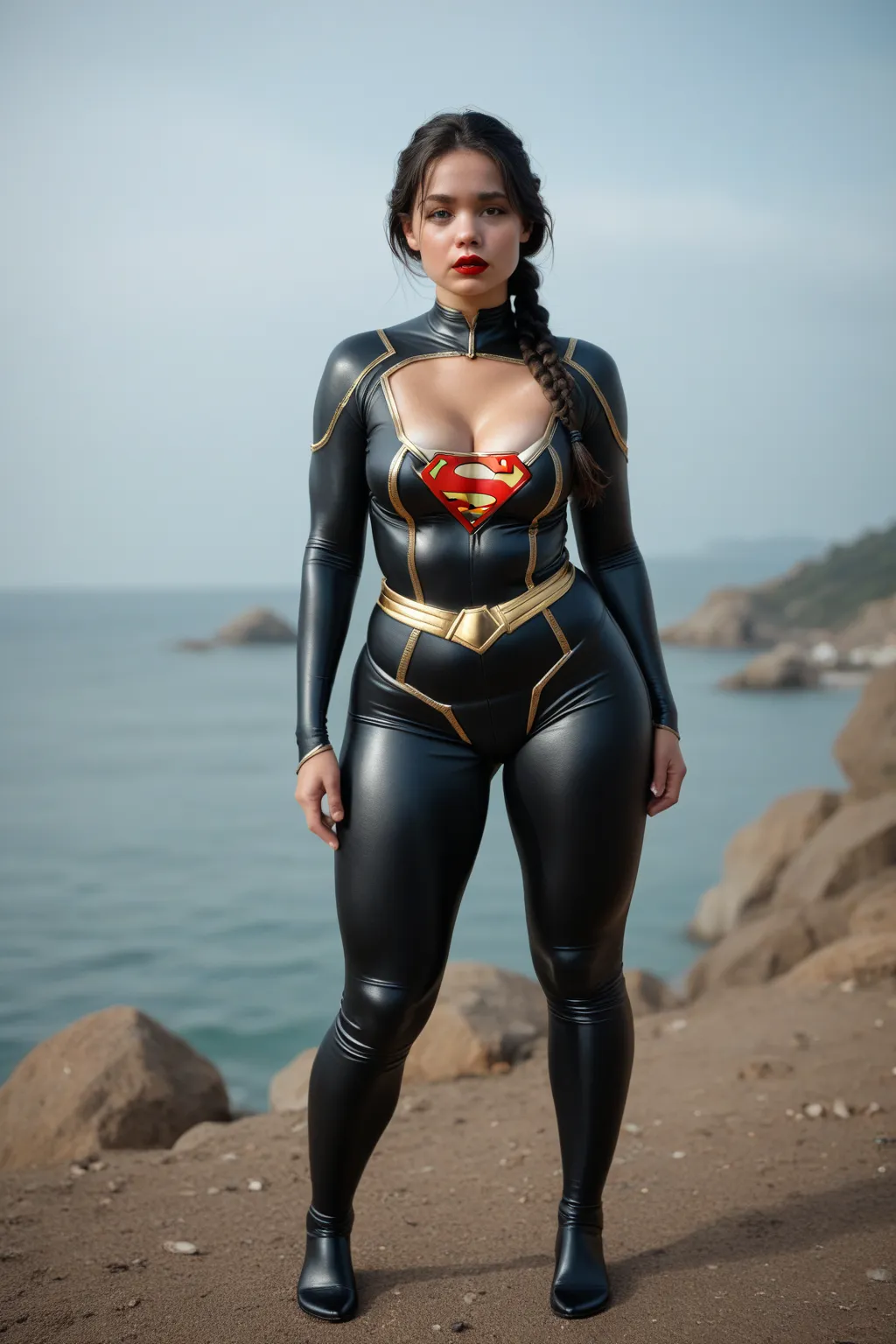 colombian 18 YO girl, black hair,  braided ponytail HAIRCUT, ((TANNED SIKIN:1.5)), black eyes, supergirl  wearing a tight METALLIC WHITE bodysuit WITH GOLD TRIM,, supergirl  wearing a tight METALLIC BLACK bodysuit WITH GOLD TRIM costume, sky background, ul...