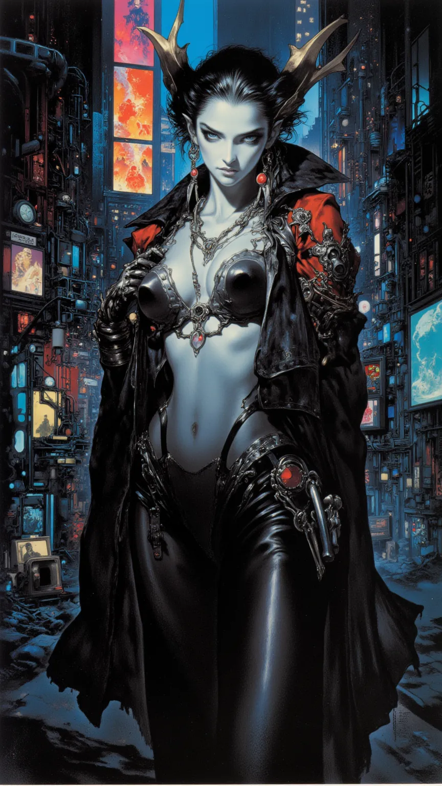 full body, a cyberpunk woman，With a mysterious temperament ，Wayne Reynolds draws，in a highly detailed and dynamic style, 