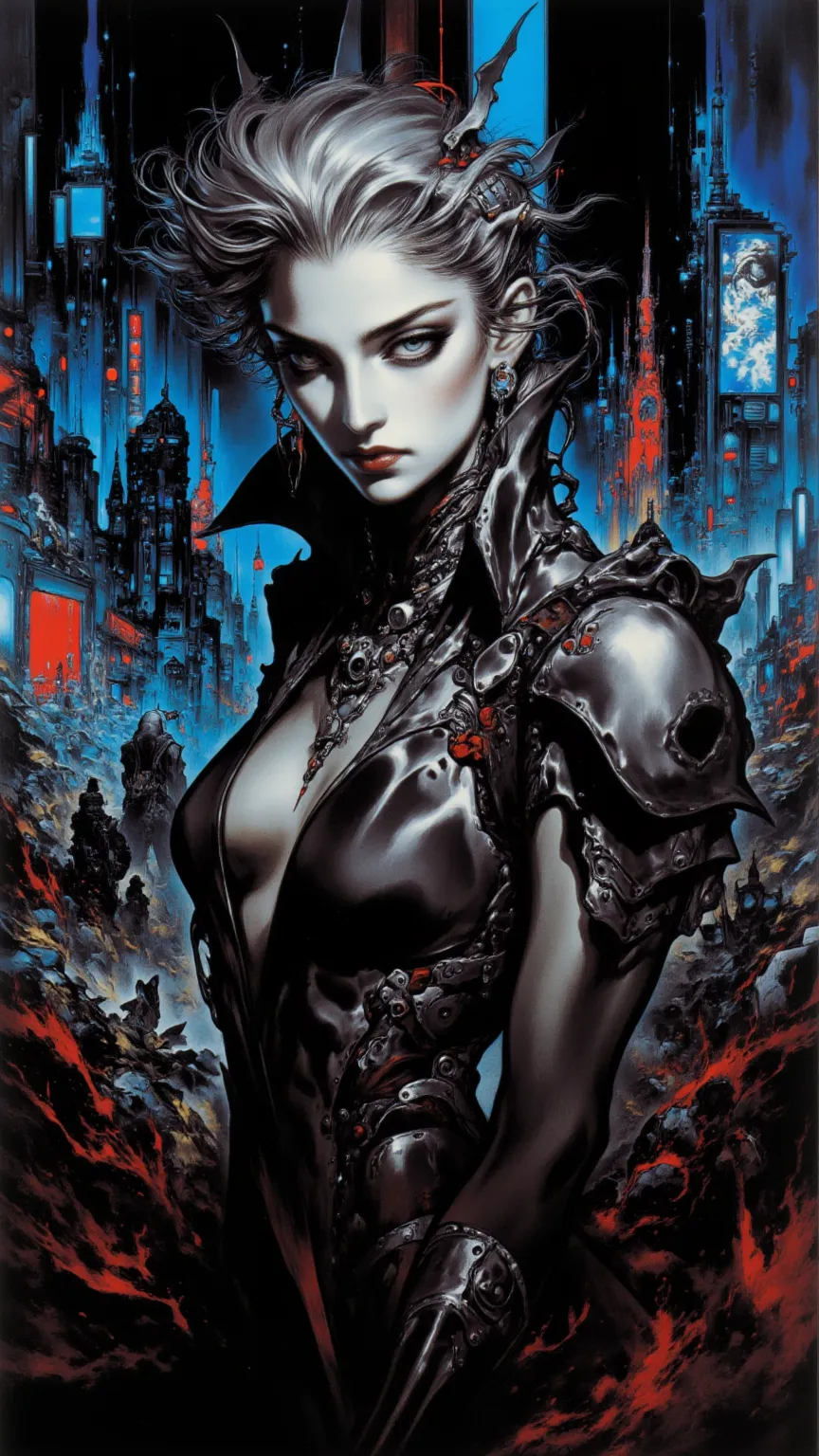 full body, a cyberpunk woman，With a mysterious temperament ，Wayne Reynolds draws，in a highly detailed and dynamic style, 