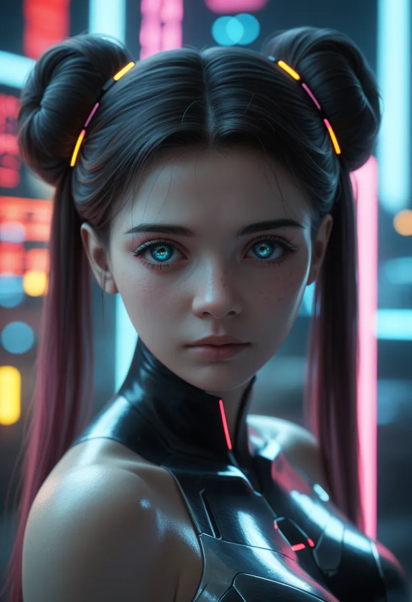 An anime girl with cyberpunk style, long, vibrant hair in neon colors (rosa, blue or purple), bright and detailed eyes with futuristic reflections,  soft and luminous skin . She wears a tight suit with technological details, like luminous cables, LED panel...