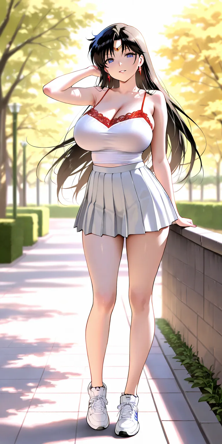 Masterpiece, newest, vibrant, very aesthetic, high contrast, mature woman, rei hino\(sailor mars\), tall, big breast, white camisole, red lace, white pleated mini skirt, white sneakers, full body, parted lips, smile, park, best quality, semrealistic, fullm...