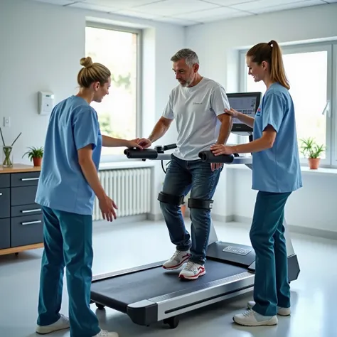 Gait rehabilitation of a  aided by an Ottobock medical team on a treadmill