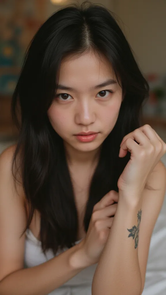 A 24-29 year old transgender woman of mixed European and Chinese descent, standing at 5'9" (about 175 cm) with a slender, boyish build, showing subtle male proportions. Her skin is pale with an olive undertone, and her features are soft yet sharp in a gent...