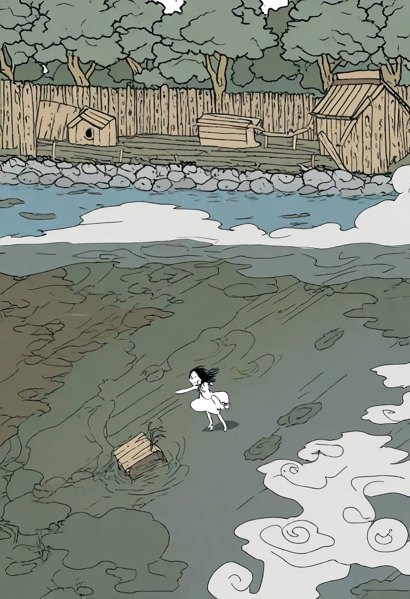 Just, figure, draw, pencil, Line Art, black-white, lake shaded, trees, leaves float on the water, Wooden hut, smoke comes from the chimney, Dashed clouds, clear contours,  wooden fence , , a girl , wearing a dress, hair Develop in the wind,  hands on the f...