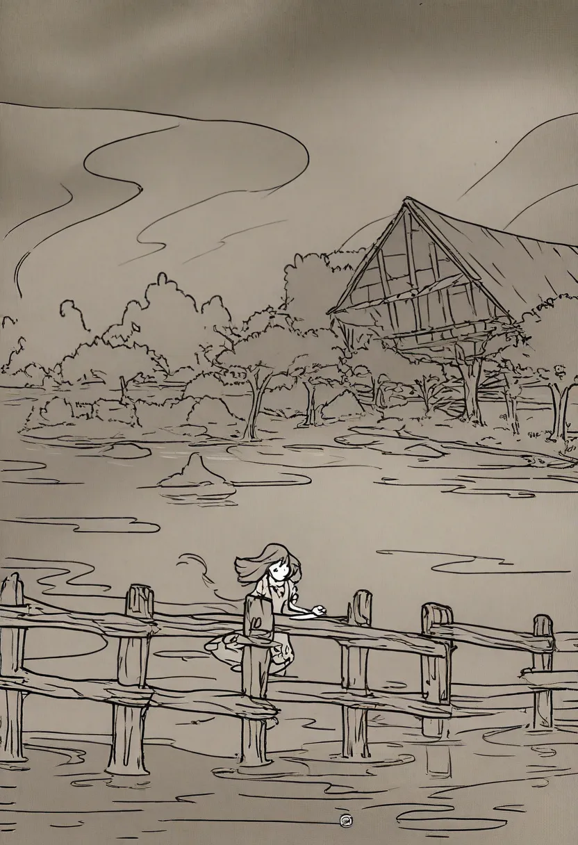 Just, figure, draw, pencil, Line Art, black-white, lake shaded, trees, leaves float on the water, Wooden hut, smoke comes from the chimney, Dashed clouds, clear contours,  wooden fence , , a girl , wearing a dress, hair Develop in the wind,  hands on the f...