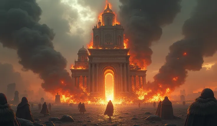 A dramatic scene in ancient times, of the destruction of an imposing white stone temple, burning in flames and black smoke.