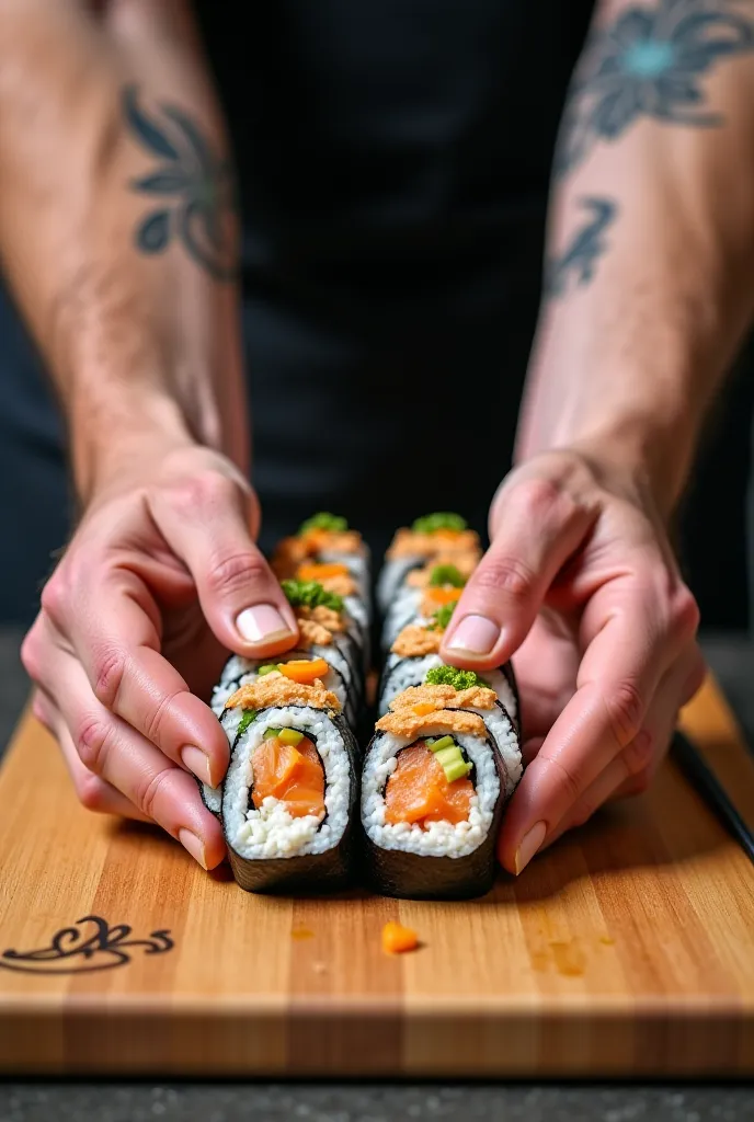 2 men's hands hold a set of sushi rolls on the board. left side view 