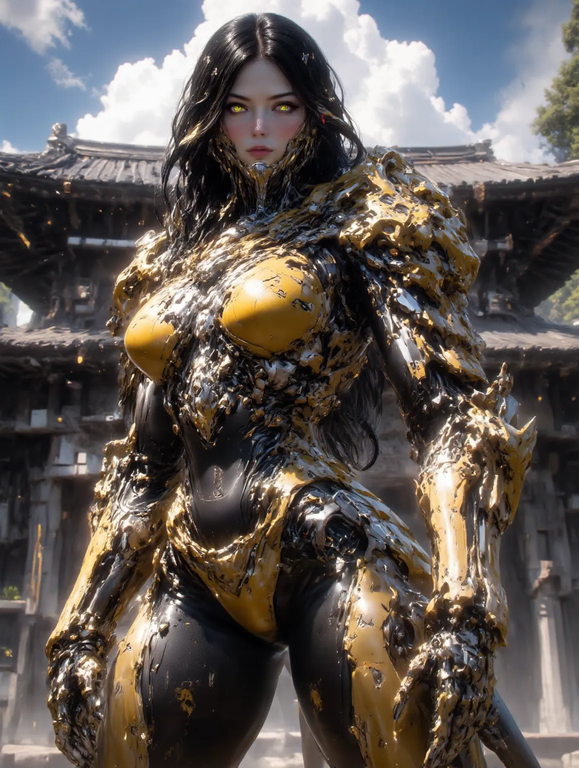 Robotic female samurai with a Black Long Ponytail, tanned skin, glowing yellow eyes, Large Breasts, Voluptuous Build, wielding a High-tech Naginata in her right hand, wearing golden metallic High-Tech samurai armor with silver accents, Gold 5 pointed star ...