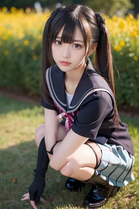 like an idol  , round face ,bust up , medium breasts,1 girl crouching, Alone,
Unstoppable \(Having Sex with Bare Shoulders\),  black hair, long hair, hair bun,  hair ring, twin tails, blue eyes,
school uniforms, sailor suit, gray sailor color,  red ribbon,...