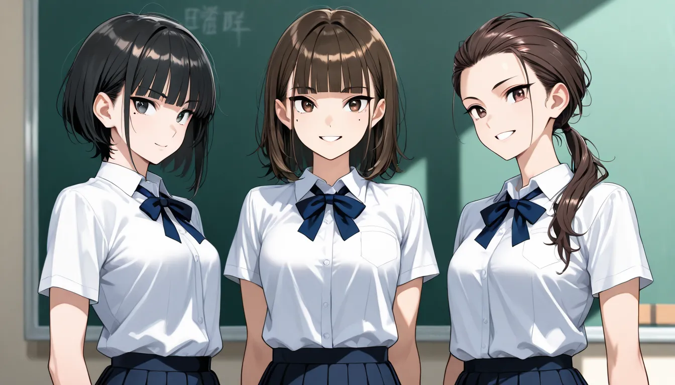 3girls, standing, talking, line up, smile, school uniform, BREAK 20 years old, brown hair, medium hair, hair behind ear, hair over shoulder, medium breast, BREAK 20 years old, black hair, short hair, mole under eye, hair behind ear, lone nape hair, messy h...