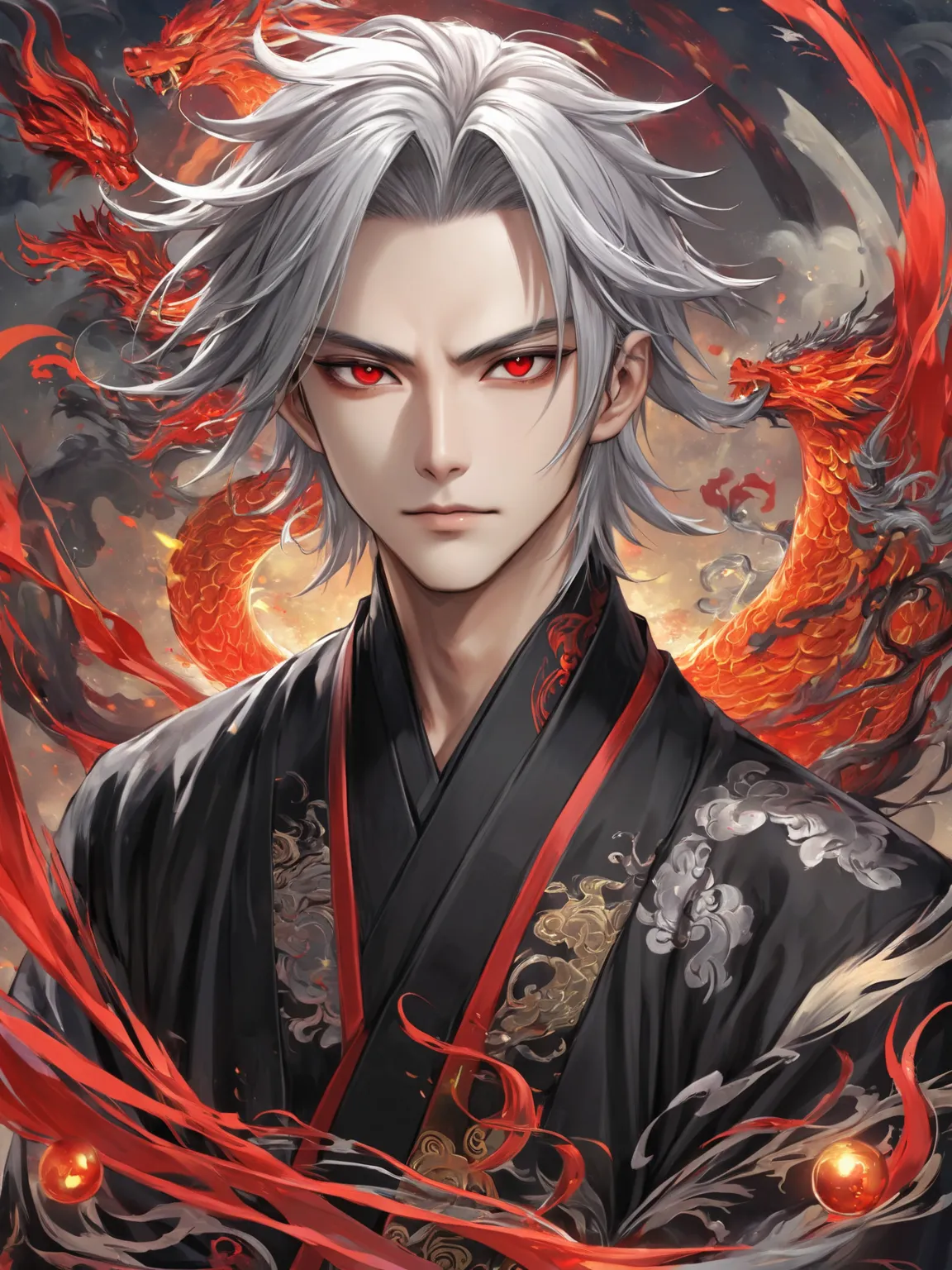 Xiǎo Mó, , homunculus son of the demonic alchemist Hēi Yuè, has vibrant blood red eyes, straight silver hair extending to his shoulders, and his skin is dark gray. He wears a traditional black Chinese robe with rainbow ornaments and engravings.