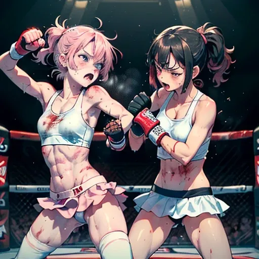 (((dynamic battle action))), (((((two bloody cute Japanese girl fighters are beating each other's body and face by fist and leg so hard in the octagon fighting ring of underground arena))))). (((((They are covered in blood and bruises))))). (Intense violen...