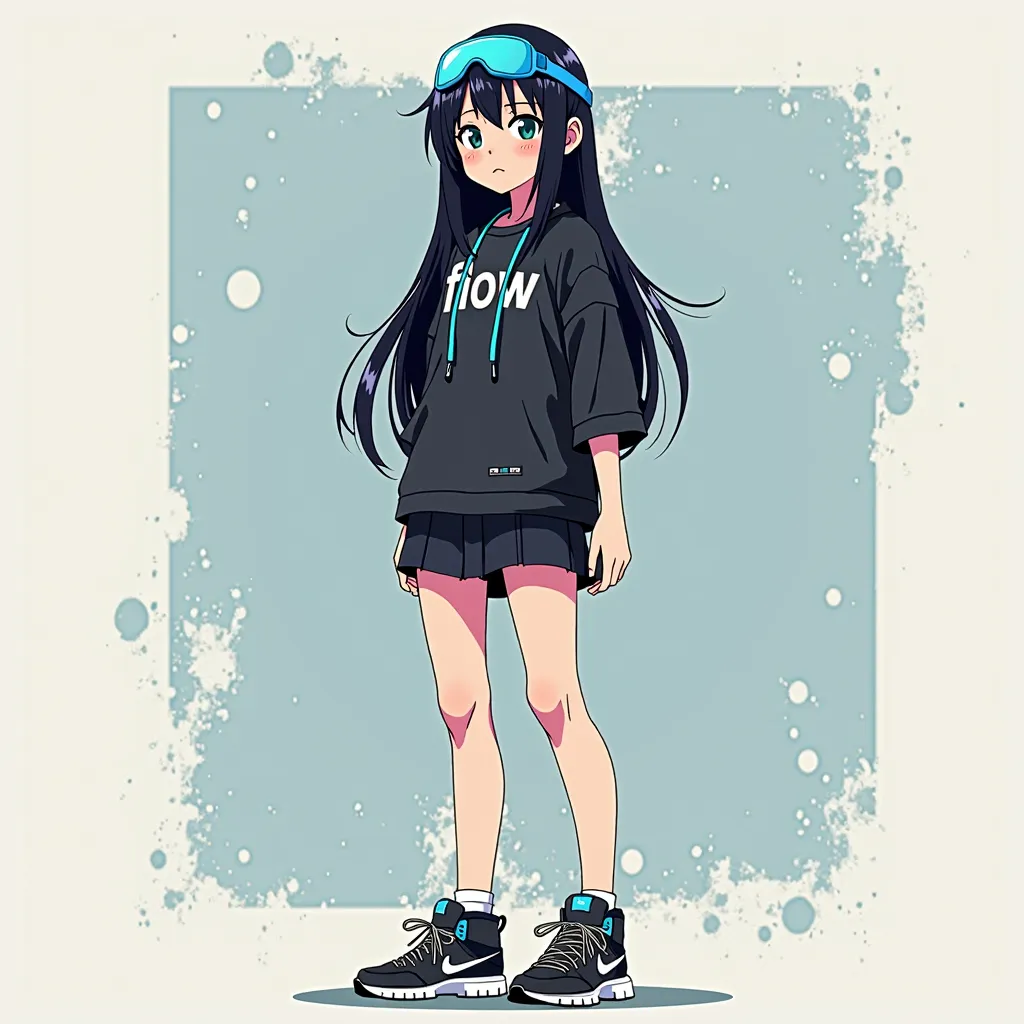 a , with long straight black hair , com a faixa azul cobrindo o rosto, usando a camiseta preta, Written "flow" And short black skirt and short skirt, with Nike sneakers, in animation 