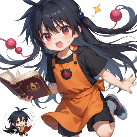 Asakura Hao from Shaman King, male character The man has long hair dark brown , two locks and red eyes, Black t-shirt, red knee-length shorts, black sneakers, orange apron, book, flying sweat beads, two stories, holding a book, open book, alone, white back...