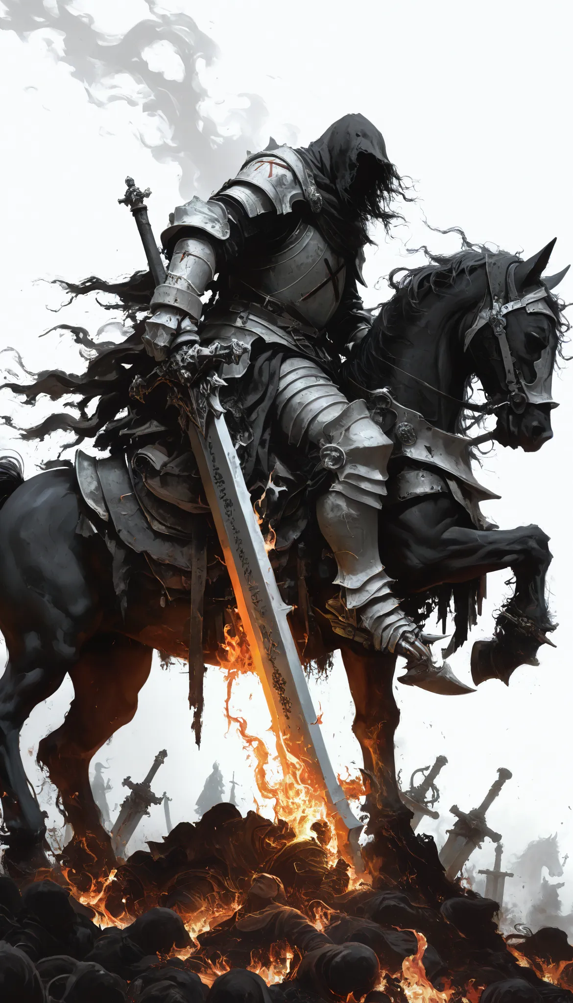 ( 1 number ,drawing with black watercolors on a white background,arms in the shape of x, Heroic pose ,epic, clenched fists ,steel claws sticking out from between the cuffs), Horseman of the Apocalypse,(Fire horse),riding, colossal sword,broad sword,guys,Sw...