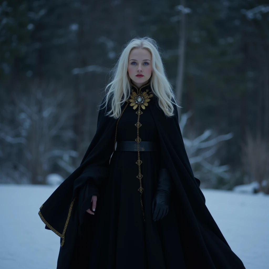 A beautiful woman with light porcelain skin, blue eyes and white hair. dressed in a long and elegant black cape. The cape has golden details, including a striking brooch on the neck. It is standing in a winter environment, with snow covering the ground.  T...