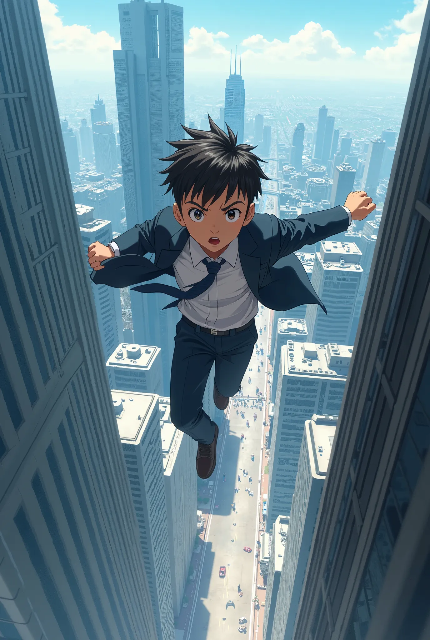 A anime boy jumping off from the building and he wearing a coat and tie 