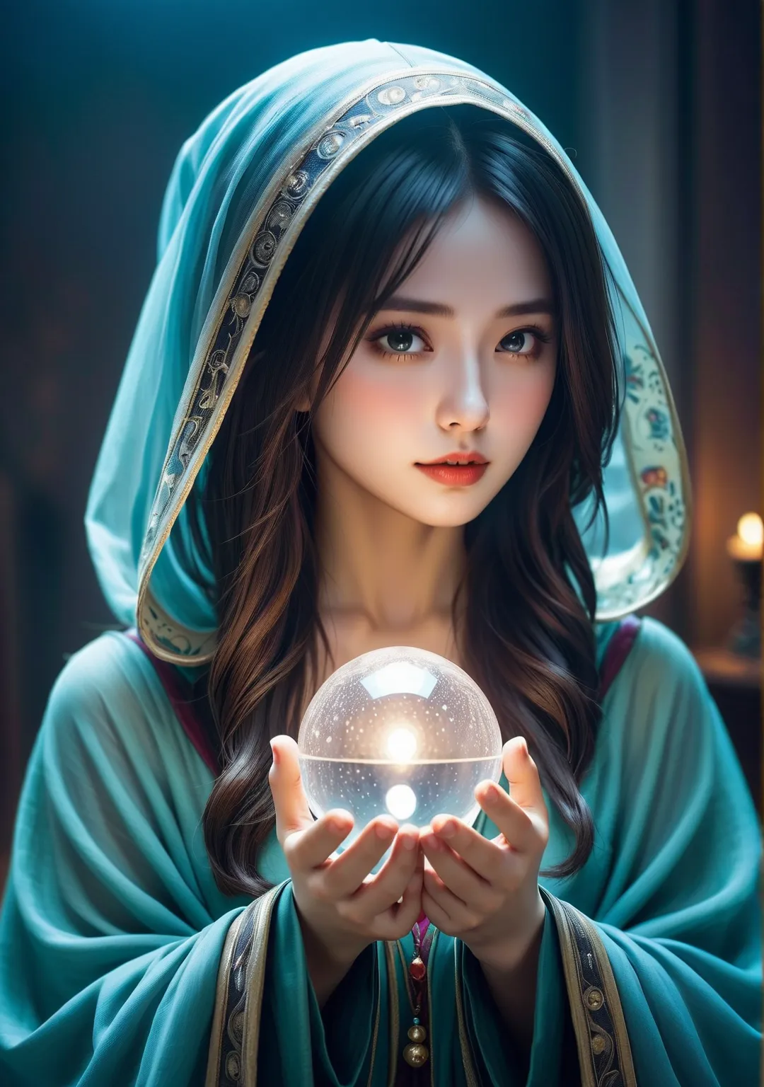 body direction: front.Female fortune teller. Attractive, beautiful and mysterious. She wears a blue cloak and has distinct features. The atmosphere is bright and sparkling, full of anxiety and anticipation. A fortune teller is standing there. The body is f...