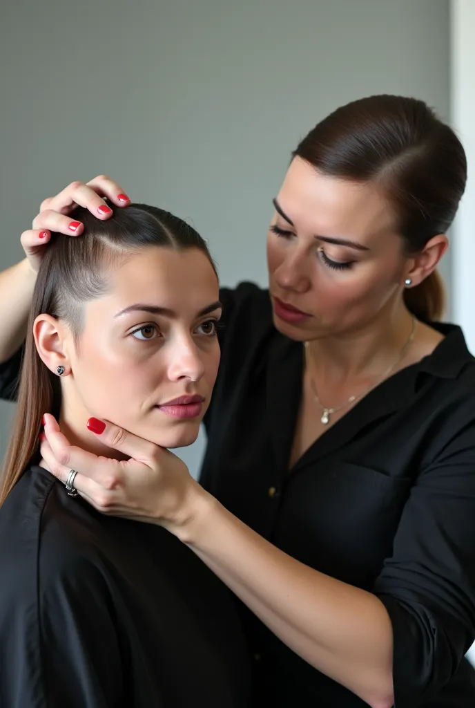 A woman has half shaved her head in the process of having her head shaved with a clipper by a bald female hairdresser showing her smooth skull 