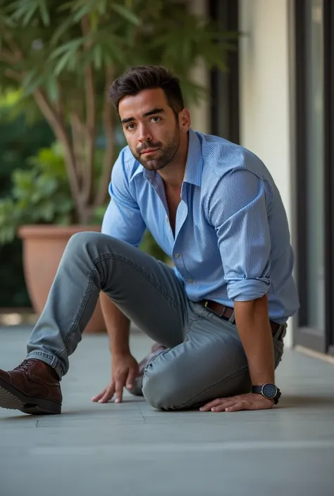 Fotografía realista, 35-year-old muscular (((atletic man))) , crawling on the floor, View from below, nalgon de perfil, stripe blue formal shirt and very tight light gray jeans, brown belt, de perfil, Big butt, viendo a cámara, ojos negros, en el patio, ho...