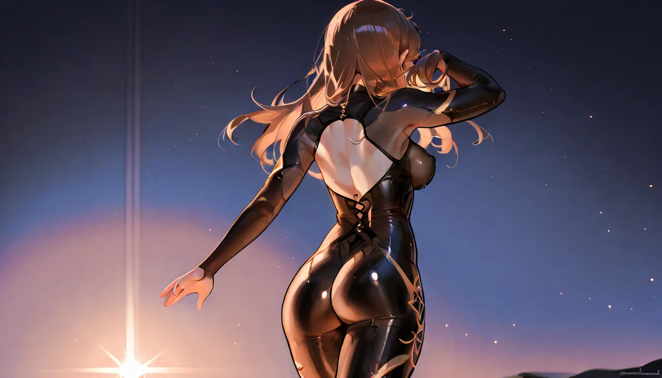 1 girl,back view, ass, low angle, walking, uraraka ochaco, bodysuit, armpit crease, huge breasts, dark background, particles, glossy skin, shiny skin, glistening skin