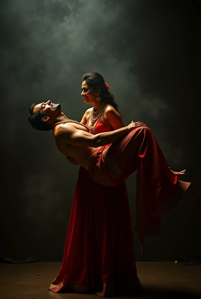 Smiling and beautiful, sexy Indian woman in silk lehenga carrying a large indian man over her head in a dim light room, full body view, natural , clear image 