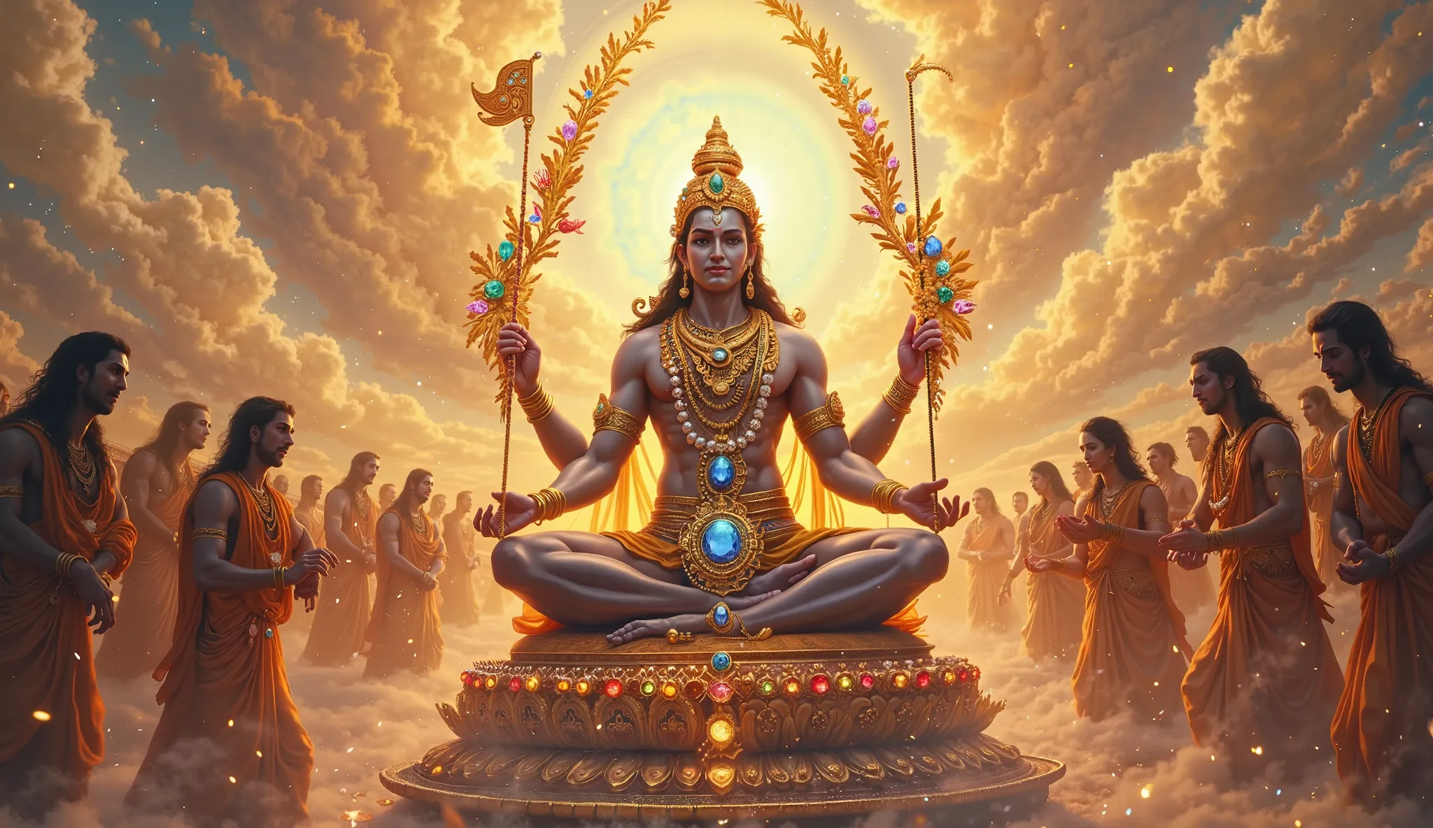 "In a grand celestial setting, a magnificent garland made of the most precious and radiant gemstones is presented to Maha Vishnu. The garland, adorned with sparkling diamonds, deep-blue sapphires, fiery rubies, lush emeralds, and shimmering pearls, glows w...