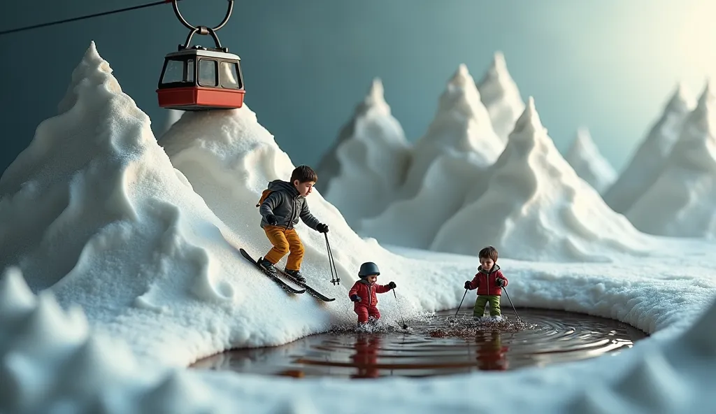 A macro-photography style ultra-detailed shot of tiny skiers slaloming down a colossal white cream cake. The frosting peaks glisten under soft ambient lighting, their texture resembling fluffy snow. A miniature cable car, adorned with tiny sugar details, a...