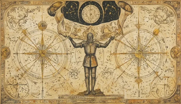 A grand esoteric manuscript illustration filled with sacred symbols used by the Templars. At the center, a knight unfurls an ancient scroll containing intricate geometric patterns, cryptic glyphs, and astronomical charts. Above, the constellations and plan...