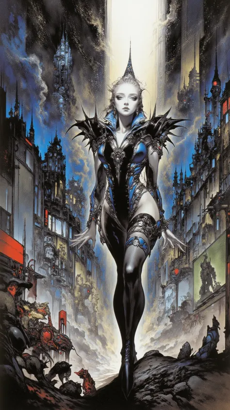 full body, cyberpunk woman，fear ，Wayne Reynolds draws，in a highly detailed and dynamic style, 