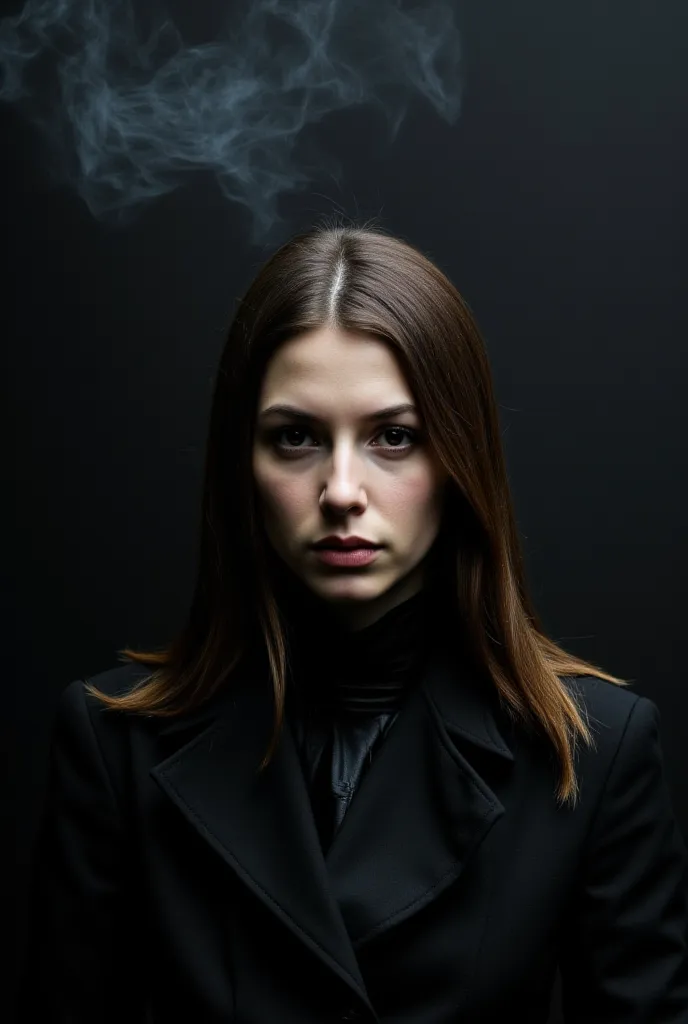 RAW Photo of Sports Evil Queen of Darkness, pale skin, (long light brown straight hair),  A striking studio portrait of an slavic woman, ominous vibe, black mist, Elegant Sophisticated Fashion Pose, dressed in stylish modern black leather clothes, Nikon D8...