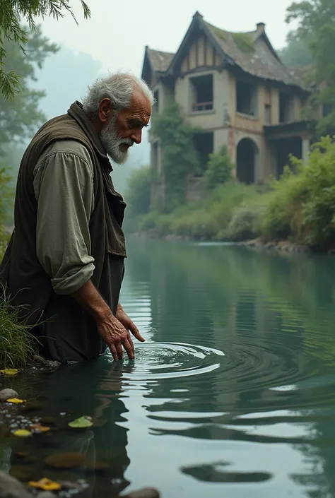 An old man seeing his reflection in the river but not clearly and a crumbling house behind him