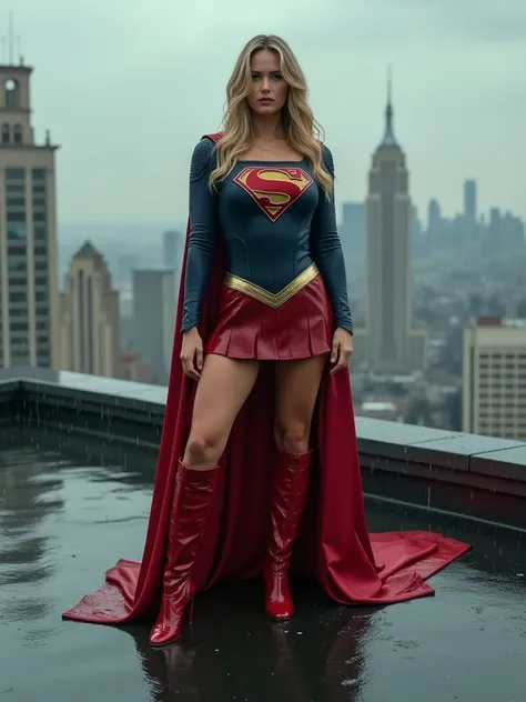 Supergirl Gal Gadot in wet Supergirl costume,  deep V-neck, roten nasser leather coat, red golden high-heeled wet leather boots, long blonde hair, big breasts xxl, Super sexy supergirl sign on the front of the costume, rain, monsumrain,  photorealistic, 8k...