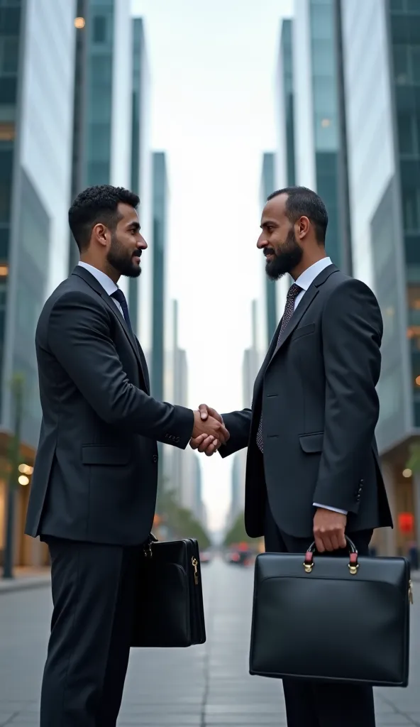 two muslim men shaking hands and have briefcase in other hand their background is office bulildings