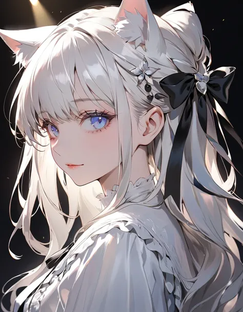 (Silhouette Art)),(highest quality),(Masseter muscle area), delicately drawn face ,a girl with a beautiful face, beautiful detailed blue eyes ,White Lolita Fashion,((  Beautiful Detailed White Costumes for Viewers)),(  Beautiful Silky White Hair  :1.2),Bla...